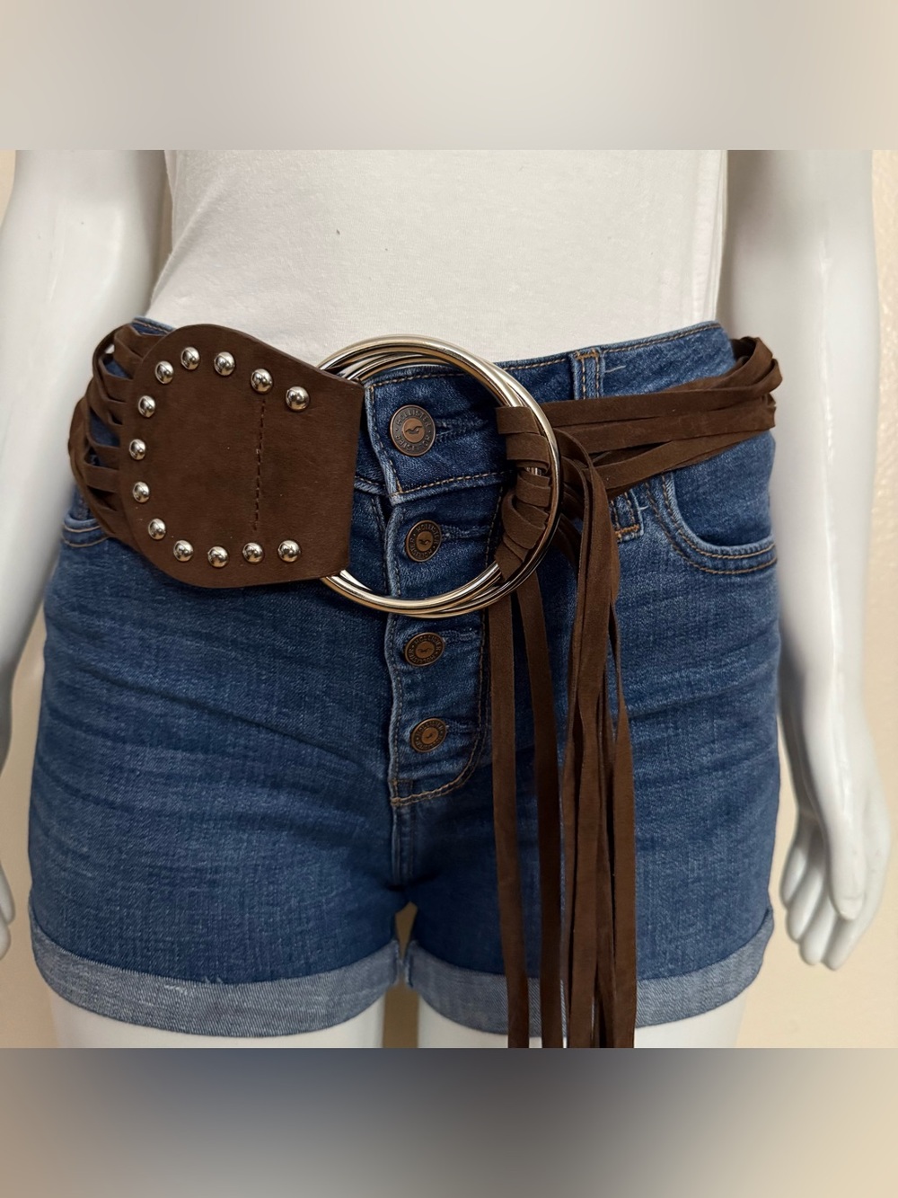 Brown PU suede leather wrap belt silver ring buckle with long fringe details